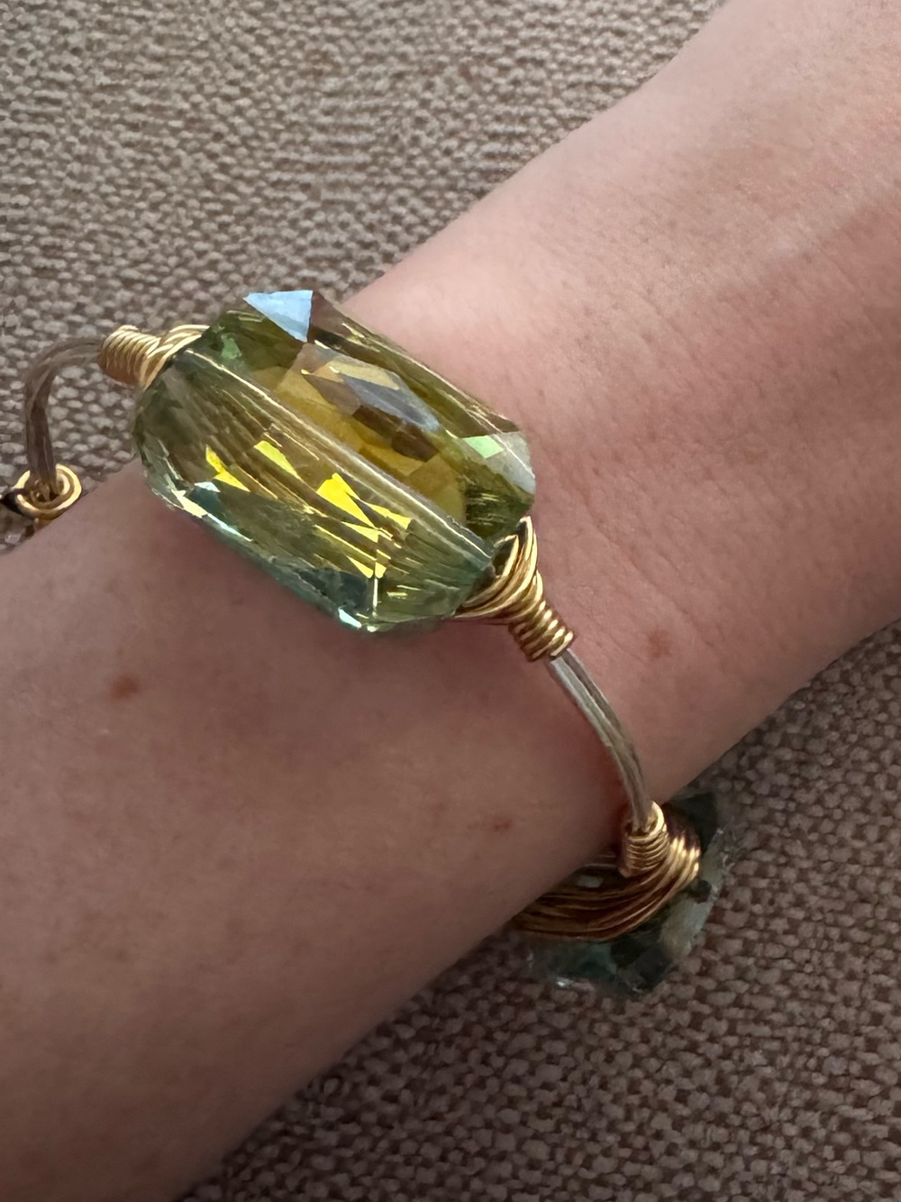 Two-toned Wire Bracelet with Green Blue Crystal Accents